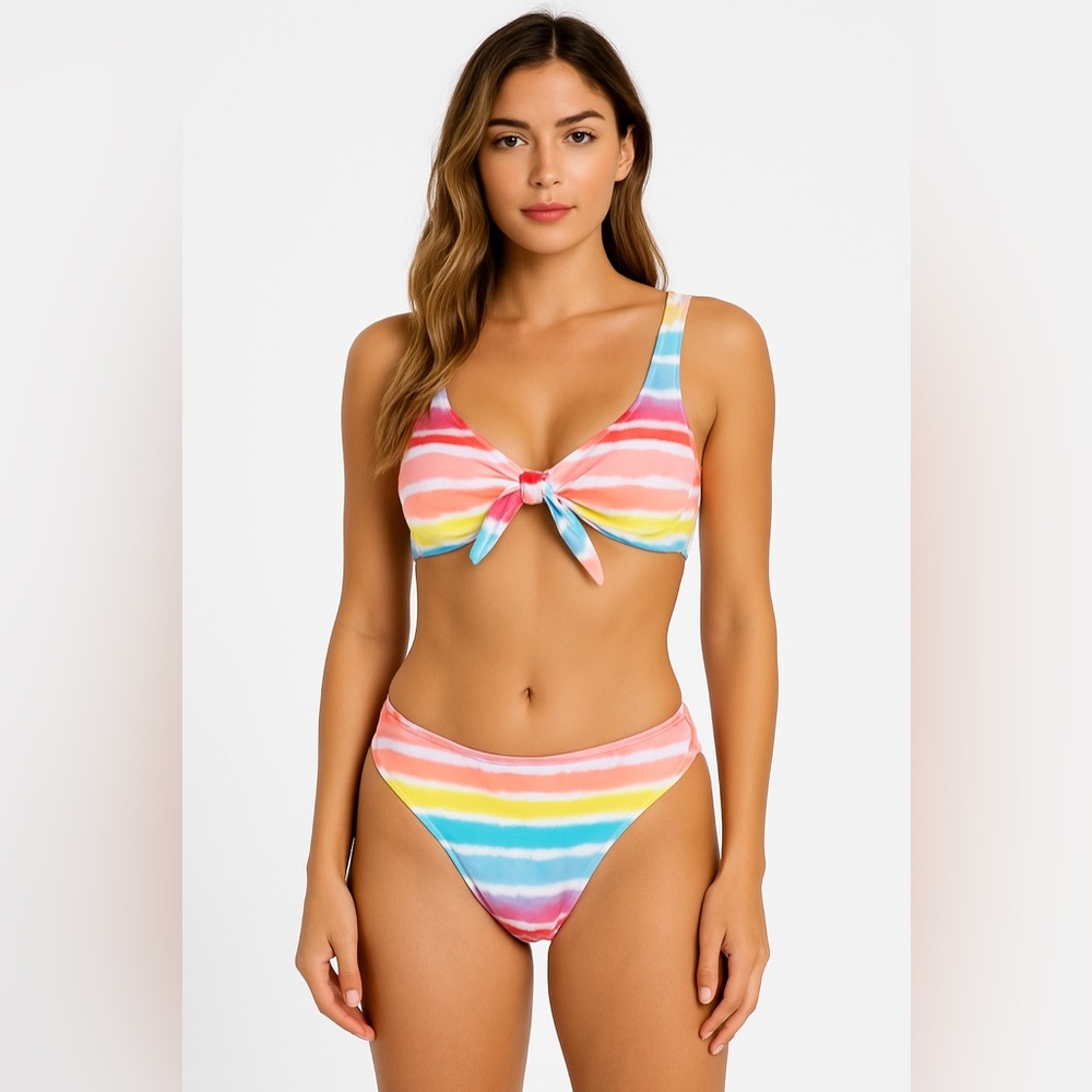 Emme Jordan Tie-Front Bikini Set Pastel Rainbow Striped‎ Swimsuit Size S